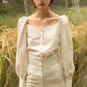 Loeil Square Neck Puff Sleeve Cottagecore Romantic White Cotton Blouse Size S